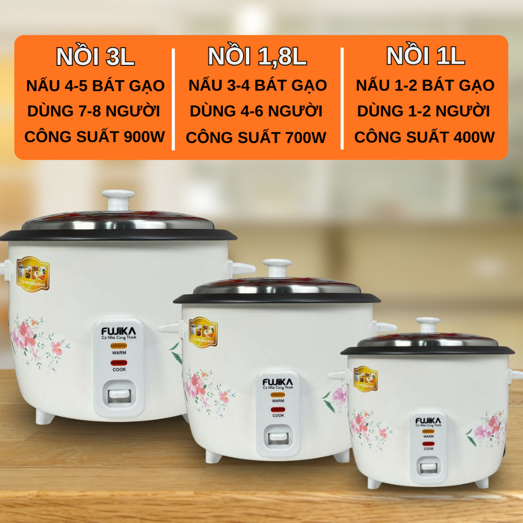 Nồi cơm điện nắp rời Fujika dung tích 1L-1,8L lòng nồi chống dính 3 lớp, nắp rời dễ dàng vệ sinh