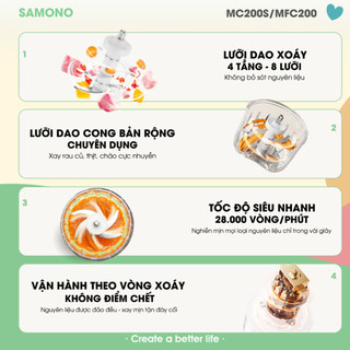 (CAO CẤP- 8 LƯỠI + QUAI) Máy xay ăn dặm 0.3L Samono SW-MFC200 cho bé, 200W, cối thủy tinh kèm quai chụp, xay thịt
