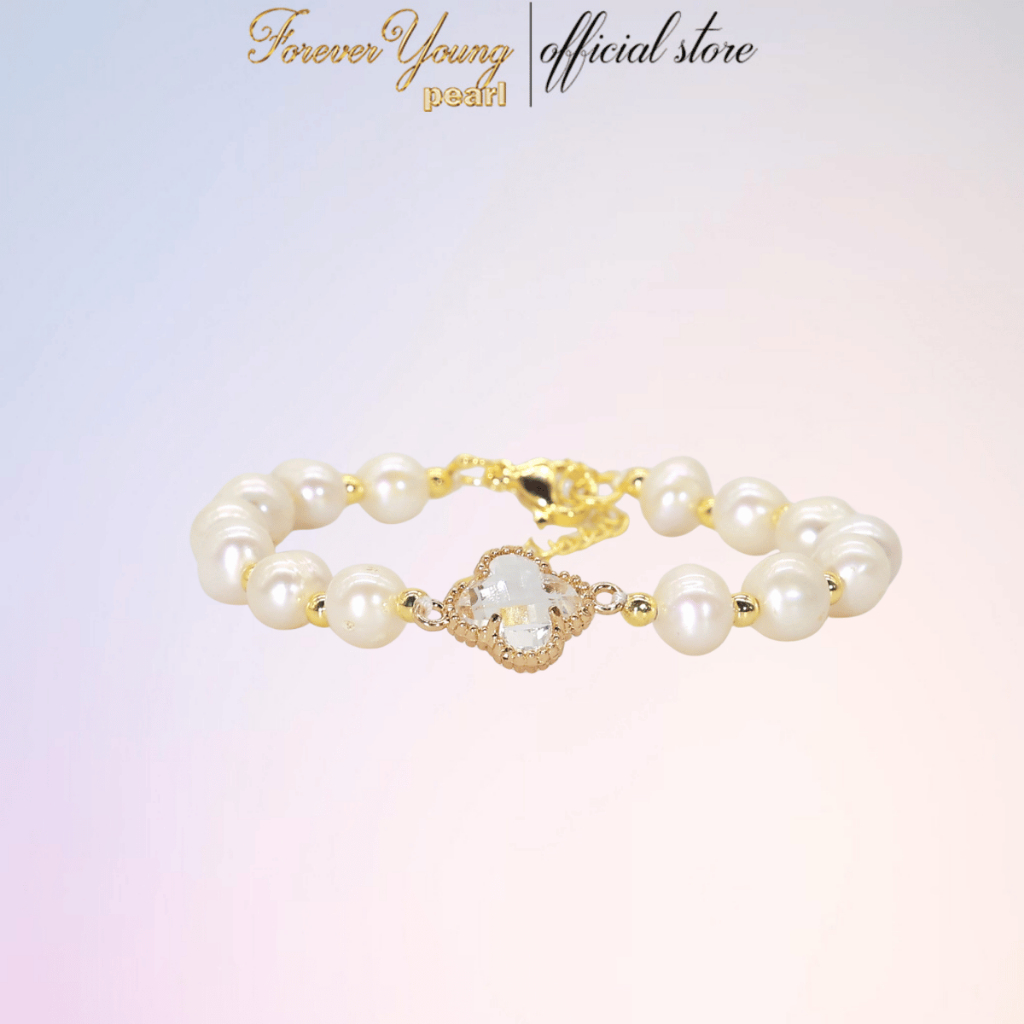 [HÀNG MỚI VỀ] VT127 Vòng Tay Ngọc Trai thật nuôi nước ngọt, size 6-7ly, mặt cỏ 4 lá,  móc khóa mạ vàng. Quà tặng 20/10