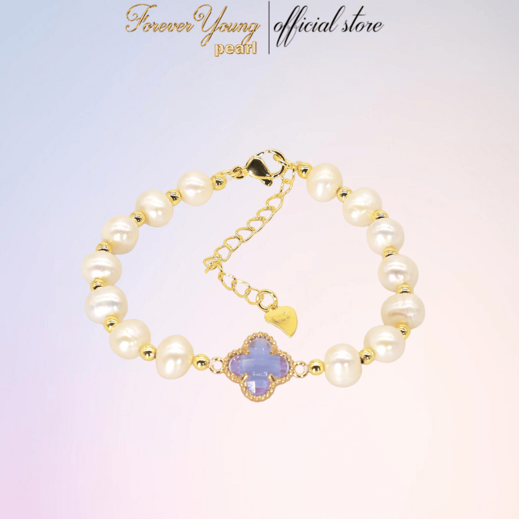 [HÀNG MỚI VỀ] VT127 Vòng Tay Ngọc Trai thật nuôi nước ngọt, size 6-7ly, mặt cỏ 4 lá,  móc khóa mạ vàng. Quà tặng 20/10