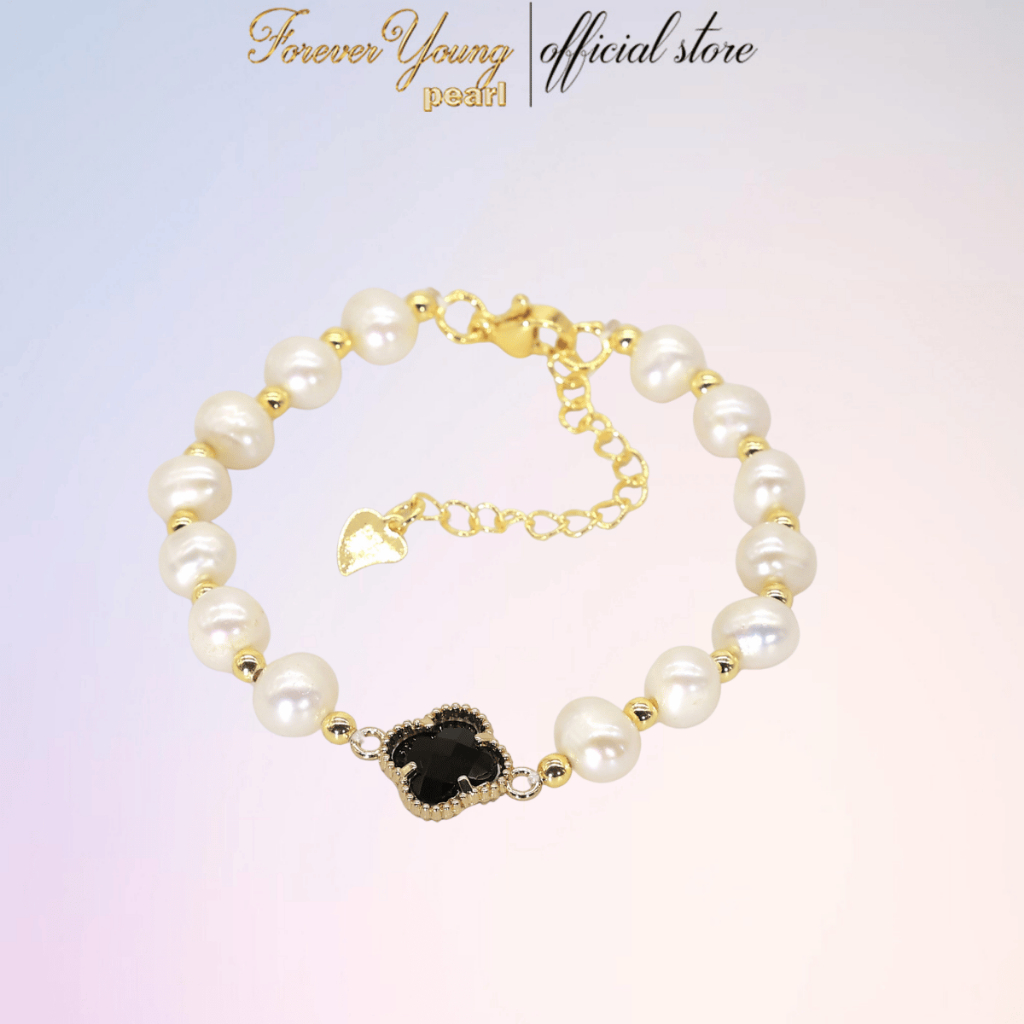 [HÀNG MỚI VỀ] VT127 Vòng Tay Ngọc Trai thật nuôi nước ngọt, size 6-7ly, mặt cỏ 4 lá,  móc khóa mạ vàng. Quà tặng 20/10