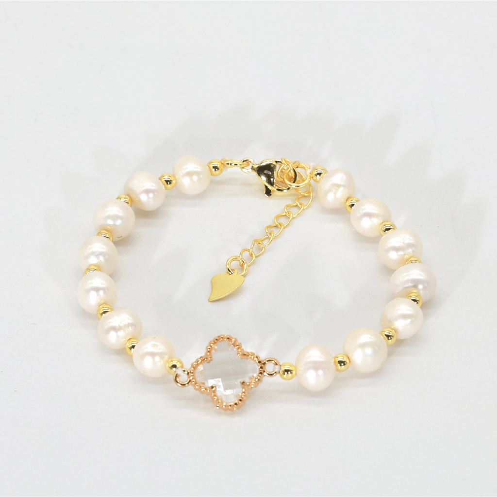 [HÀNG MỚI VỀ] VT127 Vòng Tay Ngọc Trai thật nuôi nước ngọt, size 6-7ly, mặt cỏ 4 lá,  móc khóa mạ vàng. Quà tặng 20/10