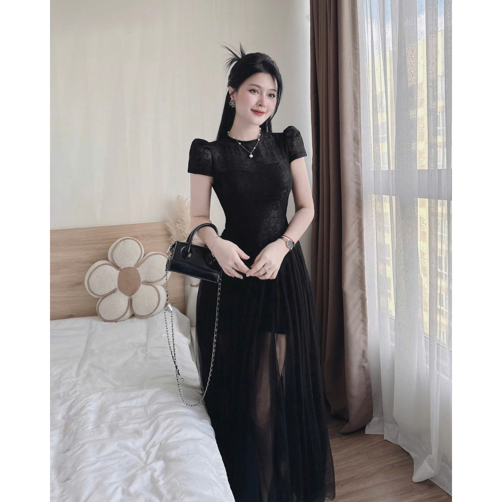 đầm ren tiểu thư tay phồng phối lưới dài thướt tha, đầm thiết kế đi tiệc 2 màu trắng đen dễ phối phụ kiện