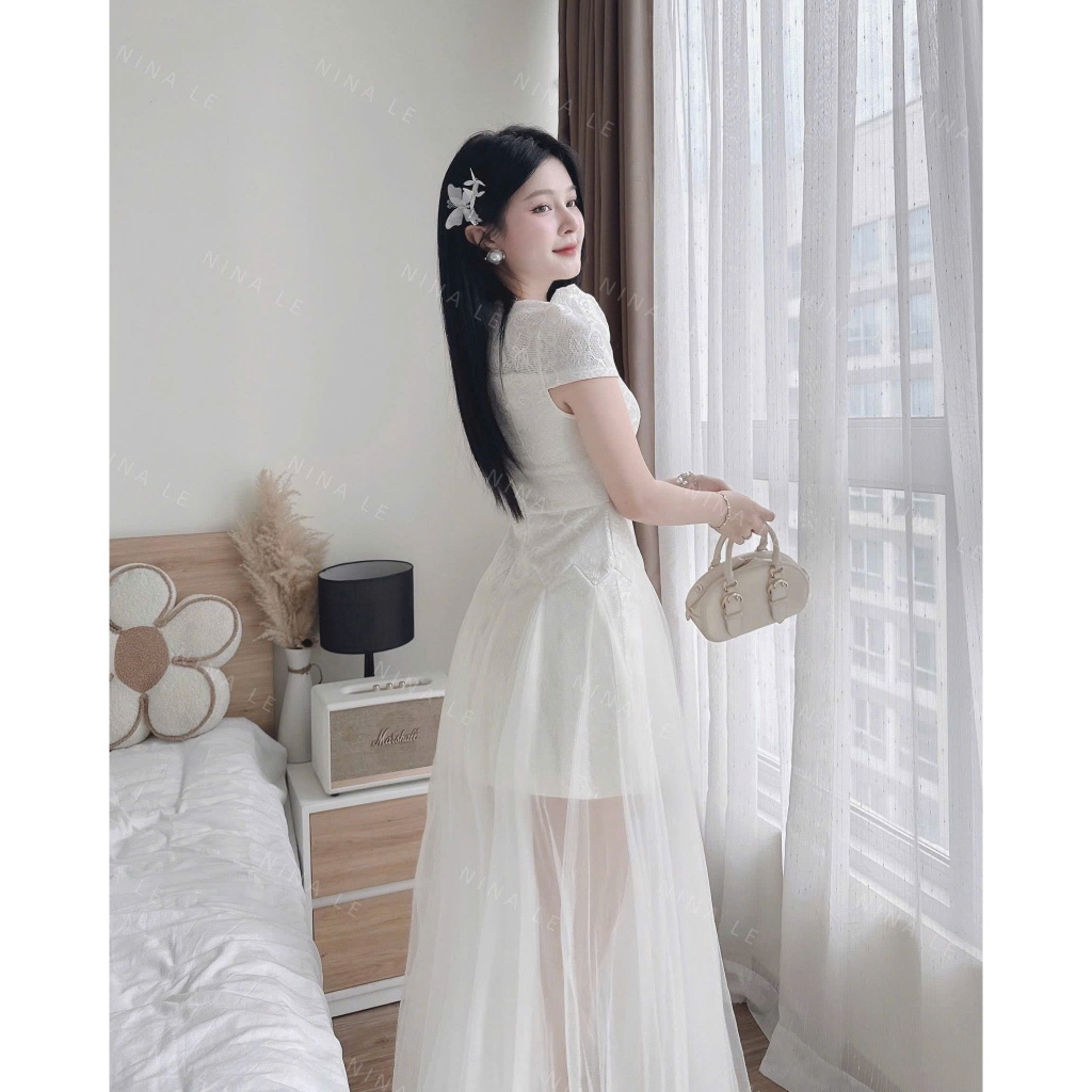đầm ren tiểu thư tay phồng phối lưới dài thướt tha, đầm thiết kế đi tiệc 2 màu trắng đen dễ phối phụ kiện