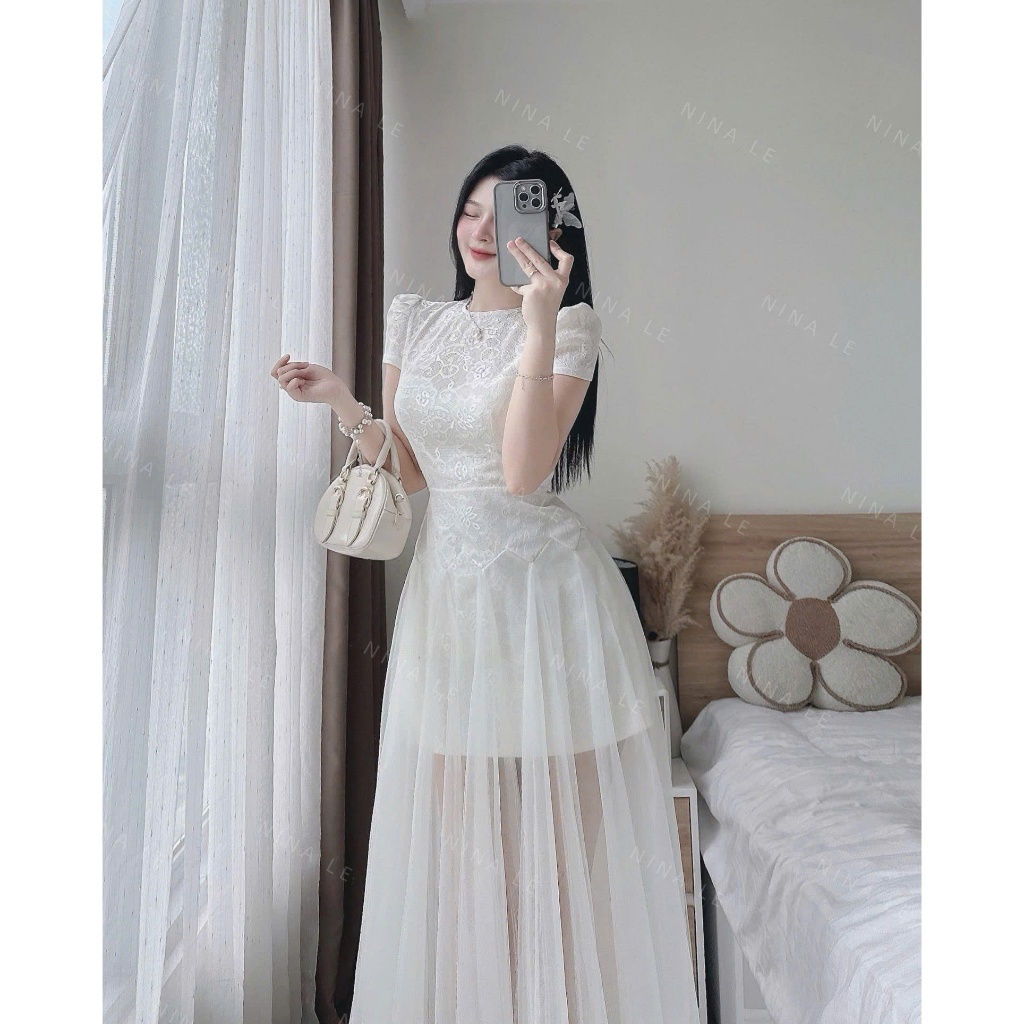 đầm ren tiểu thư tay phồng phối lưới dài thướt tha, đầm thiết kế đi tiệc 2 màu trắng đen dễ phối phụ kiện