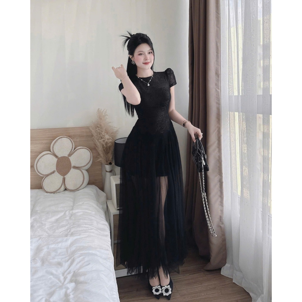 đầm ren tiểu thư tay phồng phối lưới dài thướt tha, đầm thiết kế đi tiệc 2 màu trắng đen dễ phối phụ kiện