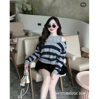 LT - Áo len kẻ sọc ngang hở vai cổ tròn dài tay thu đông style vintaget 1359