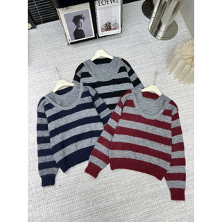 LT - Áo len kẻ sọc ngang hở vai cổ tròn dài tay thu đông style vintaget 1359