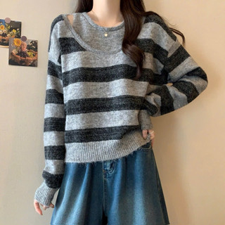 LT - Áo len kẻ sọc ngang hở vai cổ tròn dài tay thu đông style vintaget 1359