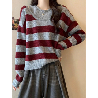 LT - Áo len kẻ sọc ngang hở vai cổ tròn dài tay thu đông style vintaget 1359