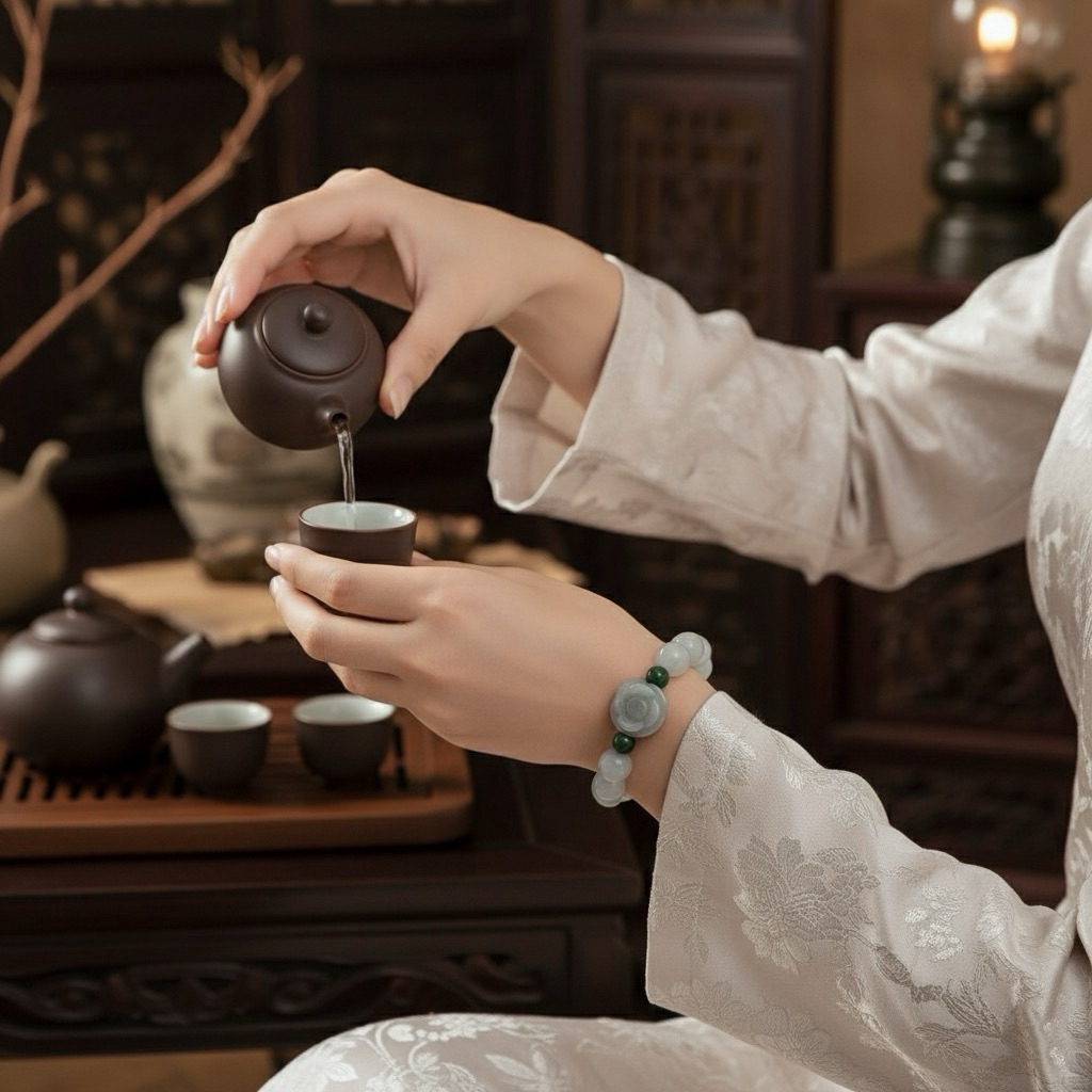 Vòng tay Phỉ Thúy tự nhiên mix charm Hoa Hồng – Phong Thủy Vượng Duyên, Tài Lộc Hanh Thông