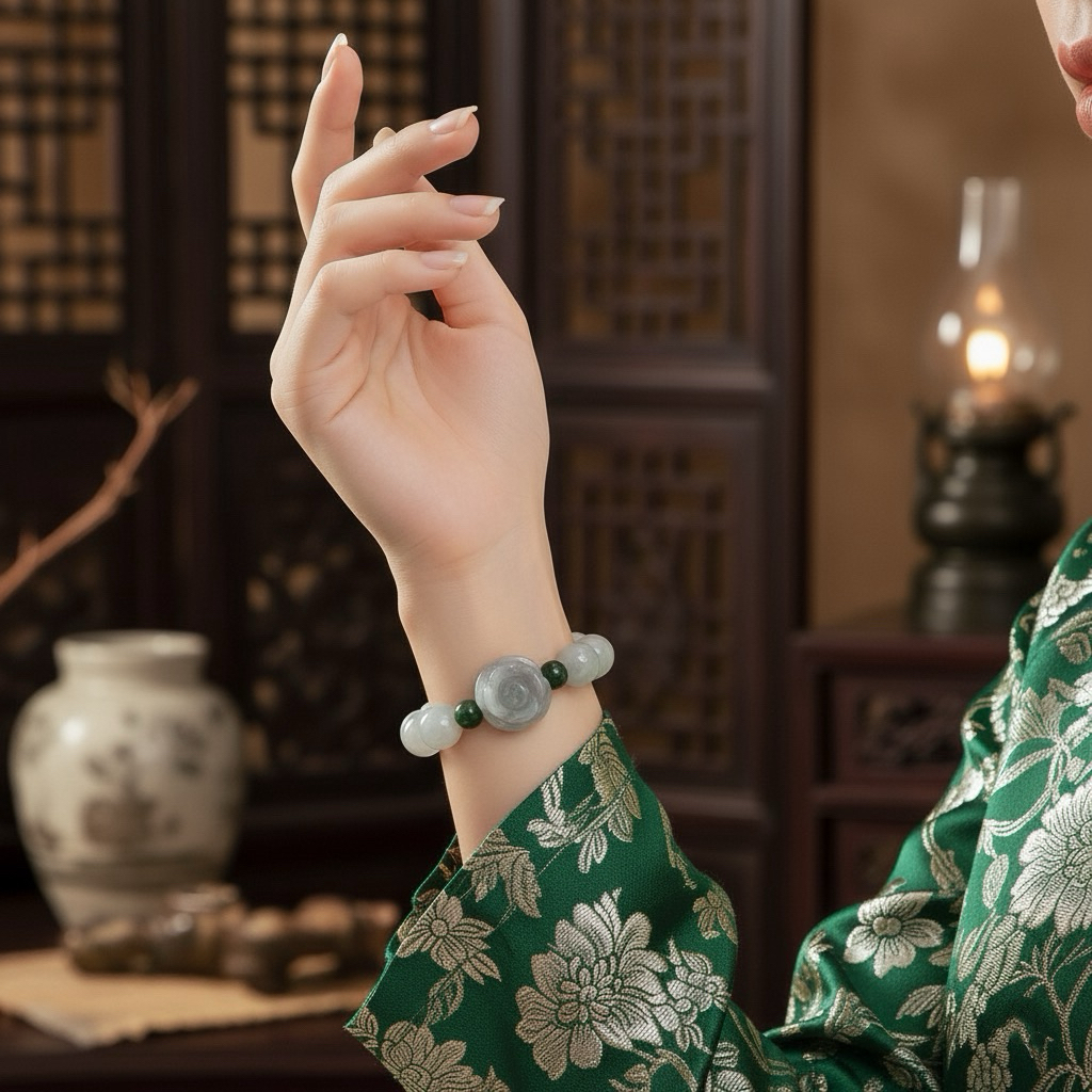 Vòng tay Phỉ Thúy tự nhiên mix charm Hoa Hồng – Phong Thủy Vượng Duyên, Tài Lộc Hanh Thông