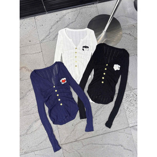 LT - Áo len nữ dài tay thu đông, len giấy khuy vàng logo đính ngực sang trọng free size 1358