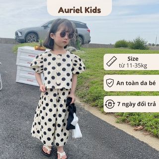 Set Đồ Bé Gái, Set Đồ Bộ Chấm Bi Áo Tay Phồng Phối Quần Ống Rộng Cho Bé Gái Chất Liệu Cotton