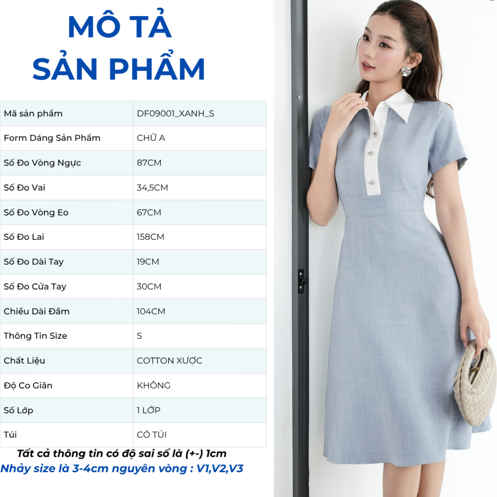 Đầm nữ form A GUMAC cổ sơ mi phối trắng tay ngắn phía trước phối vải trắng DF09001