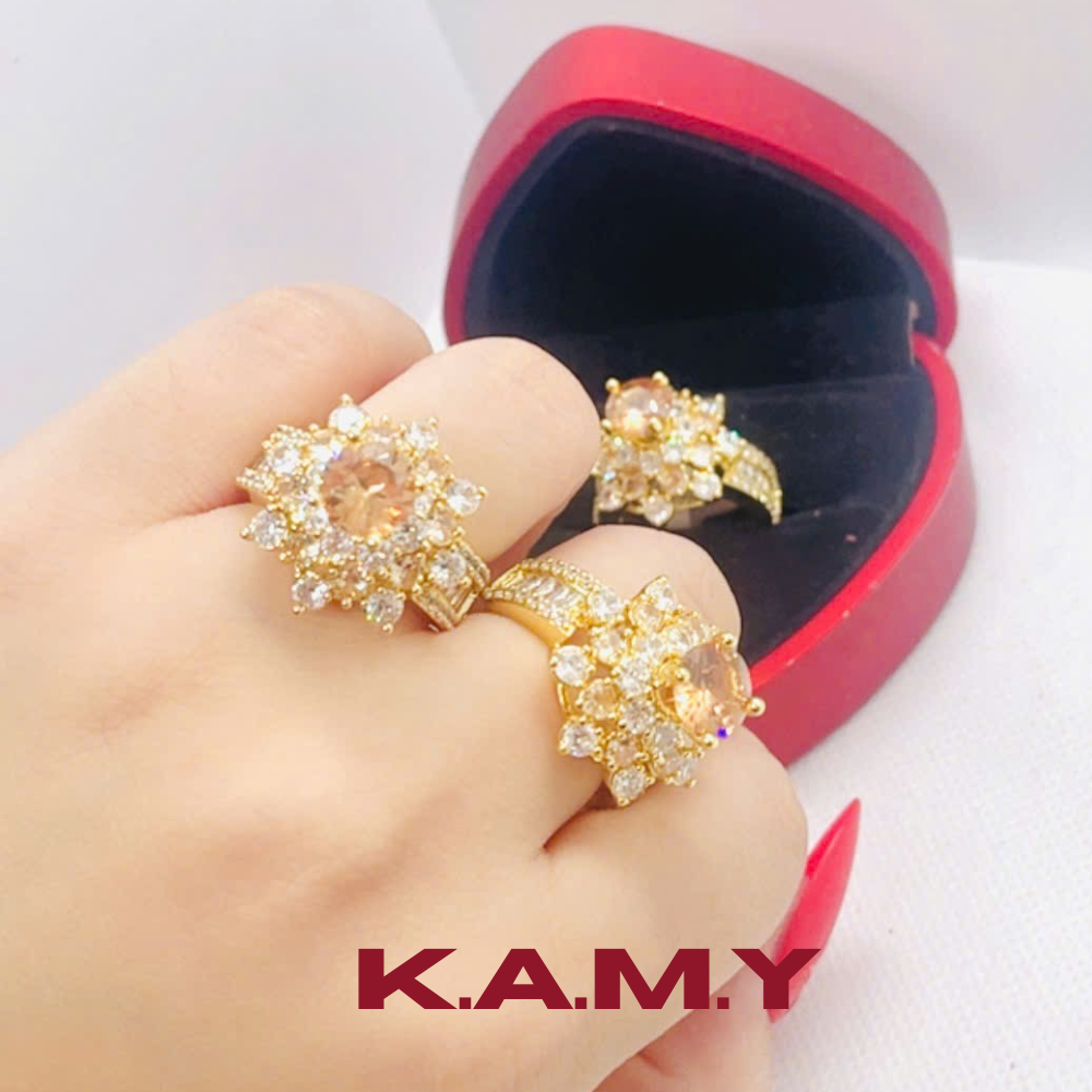 Nhẫn Nữ Hoa Đá Trà – Mạ Vàng 18K Cao Cấp, Đính Đá CZ Sáng Lấp Lánh – Kiểu Dáng Quý Phái, Tôn Da