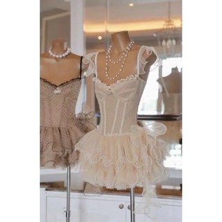 Đầm Lưới Chấm Bi Corset Tay Cánh Tiên Dáng Xòe Tầng Gợn Sóng Gợi Cảm Ananclothing