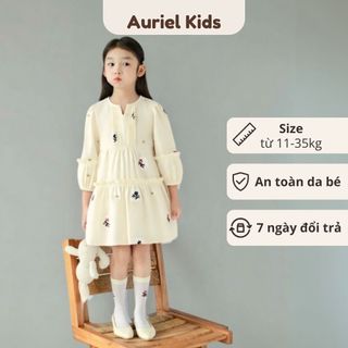 Váy Cho Bé Gái, Váy Babydoll Tay Dài Thêu Hoa Cổ Tròn Điệu Đà Cho Bé Chất Liệu Cotton Mềm Mại