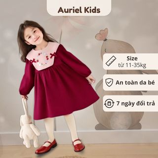 Váy Cho Bé Gái, Váy Suông Dài Tay Cổ Tròn Phối Hồng Cho Bé Họa Tiết Nơ Dễ Thương Chất Liệu Cotton