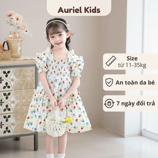 Váy Cho Bé Gái, Váy Bé Gái Thiết Kế Hoa Nhí Tay Phồng Chất Liệu Cotton Thoáng Mát