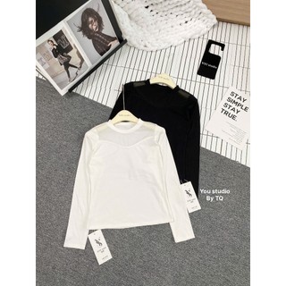 Áo lưới trơn cổ tròn phối zip trơn-tag dáng ôm body thời trang nữ