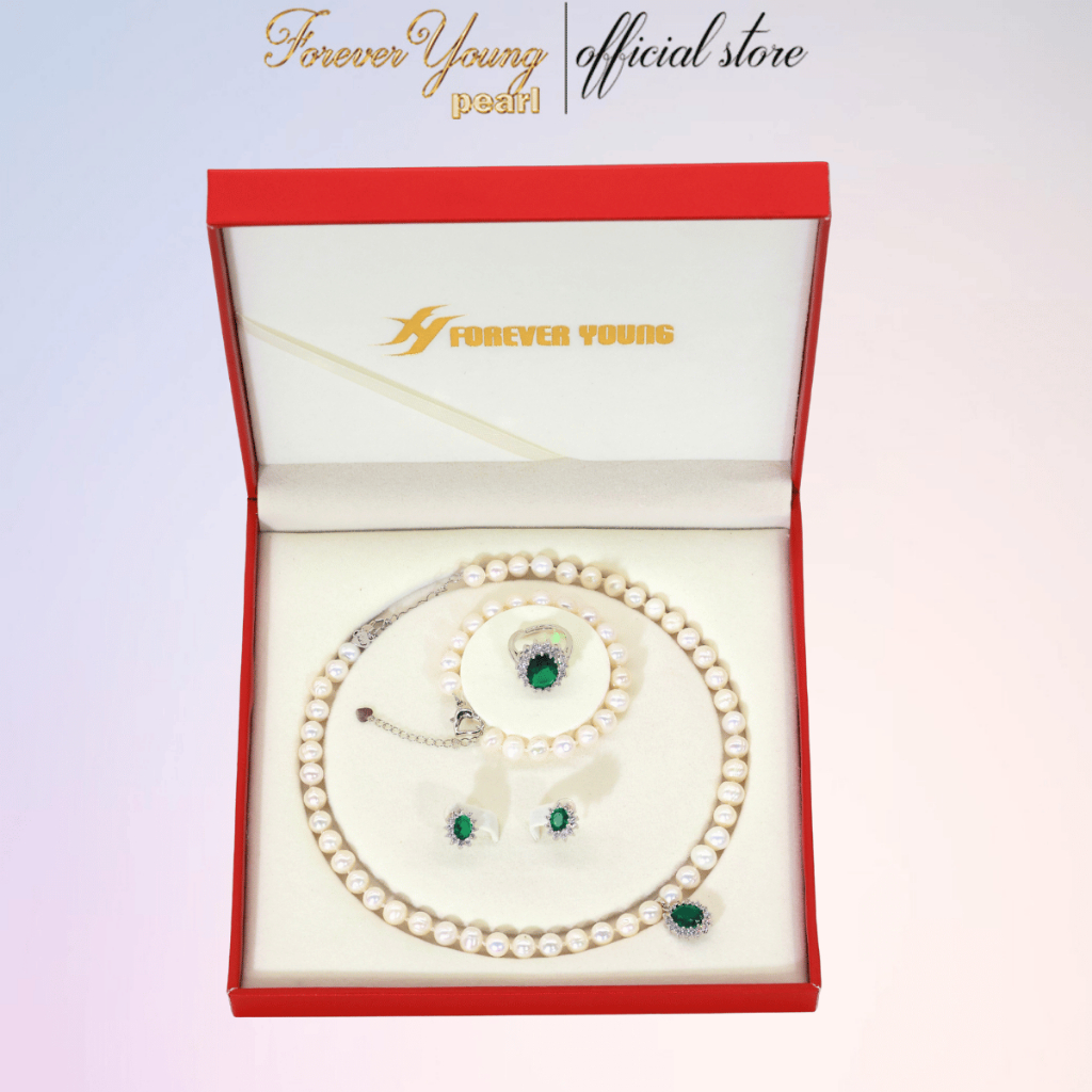 [HÀNG MỚI VỀ] SET Bộ Trang Sức Ngọc Trai nuôi nước ngot, xanh lục bảo size 7-8ly- Quà tặng mẹ 20/10- Forever Young Pearl