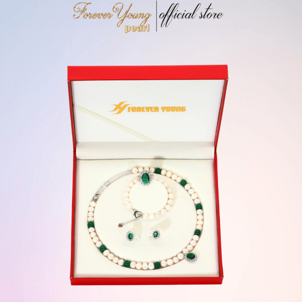 [HÀNG MỚI VỀ] SET Bộ Trang Sức Ngọc Trai nuôi nước ngot, xanh lục bảo size 7-8ly- Quà tặng mẹ 20/10- Forever Young Pearl