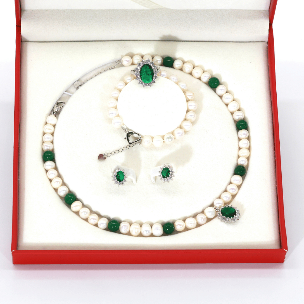 [HÀNG MỚI VỀ] SET Bộ Trang Sức Ngọc Trai nuôi nước ngot, xanh lục bảo size 7-8ly- Quà tặng mẹ 20/10- Forever Young Pearl