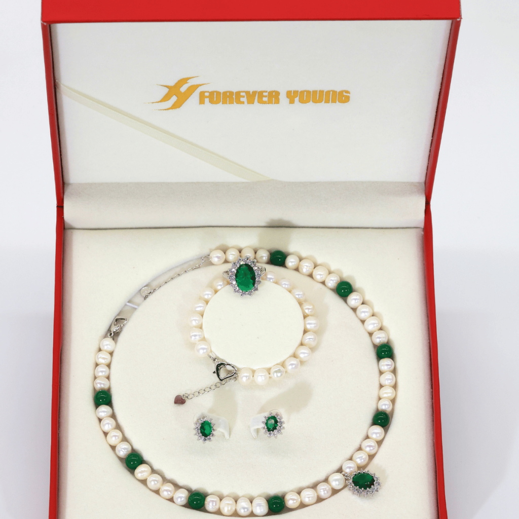 [HÀNG MỚI VỀ] SET Bộ Trang Sức Ngọc Trai nuôi nước ngot, xanh lục bảo size 7-8ly- Quà tặng mẹ 20/10- Forever Young Pearl