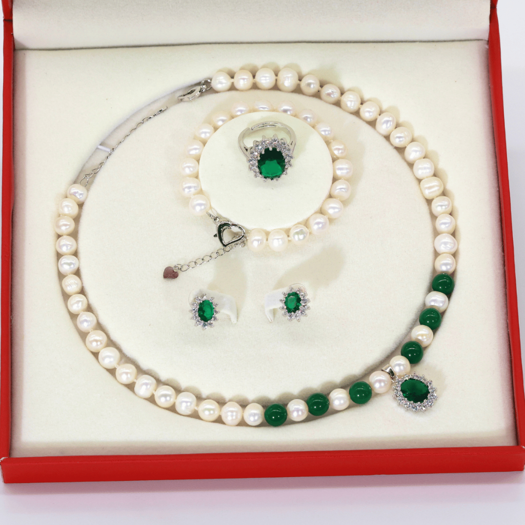 [HÀNG MỚI VỀ] SET Bộ Trang Sức Ngọc Trai nuôi nước ngot, xanh lục bảo size 7-8ly- Quà tặng mẹ 20/10- Forever Young Pearl