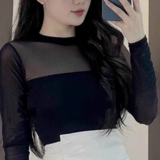 Áo lưới trơn cổ tròn phối zip trơn-tag dáng ôm body thời trang nữ