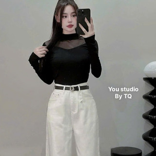 Áo lưới trơn cổ tròn phối zip trơn-tag dáng ôm body thời trang nữ