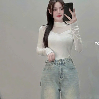 Áo lưới trơn cổ tròn phối zip trơn-tag dáng ôm body thời trang nữ