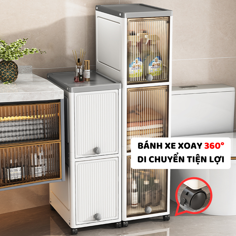 Tủ Nhựa Khe Hẹp ENODA HOME, Tủ Nhựa Gấp Gọn Phòng Tắm, Tủ Cửa Lật Trong Suốt Đựng Đồ Đa Năng, Có Bánh Xe TUN003