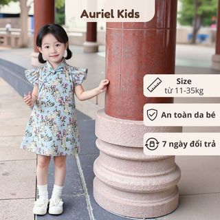 Váy Bé Gái Thiết Kế Cổ Tàu, Tay Cánh Tiên Họa Tiết Thỏ Đáng Yêu Chất Liệu Cotton Mềm Mại