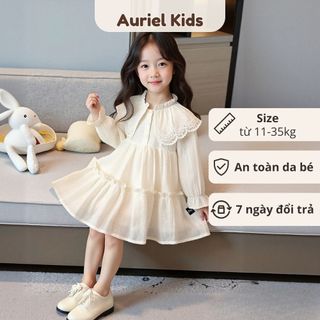 Váy Cho Bé Gái, Váy Tiểu Thư Pháp Tay Dài Phối Ren Cho Bé 2 Lớp Dày Dặn Chất Liệu Mềm Mại