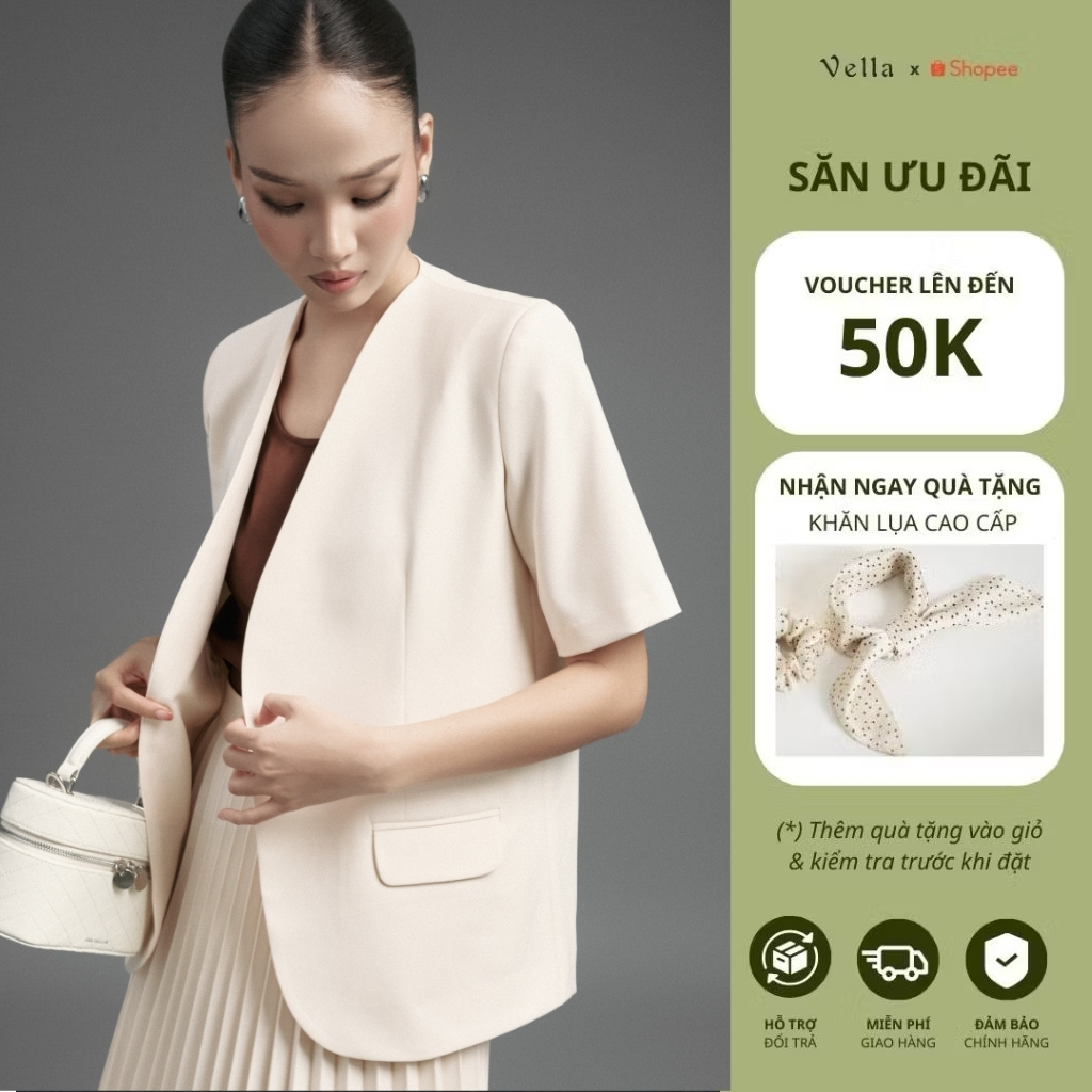 Áo blazer nữ ngắn tay công sở màu đen, kem, nâu Vella VAK25083
