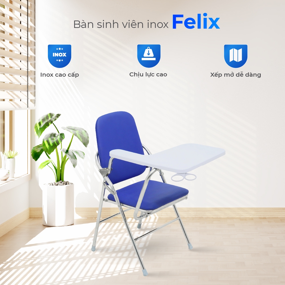 Ghế liền bàn gấp gọn Felix QUI PHÚC, khung inox chắc chắn, đệm ngồi dày dặn, ghế hội trường, ghế training