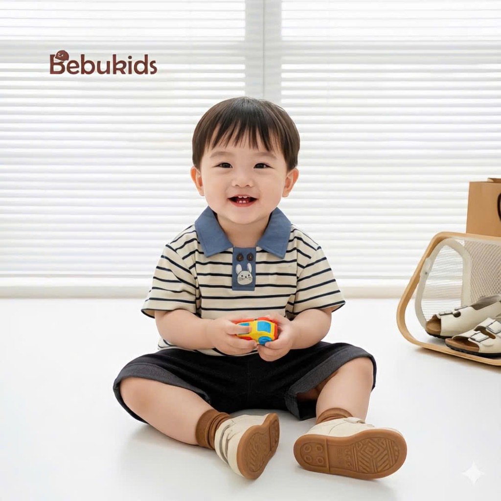 Set polo cộc tay cho bé trai Bebukids họa tiết ngộ nghĩnh, thiết kế đính 2 cúc lạ mắt 8-23kg