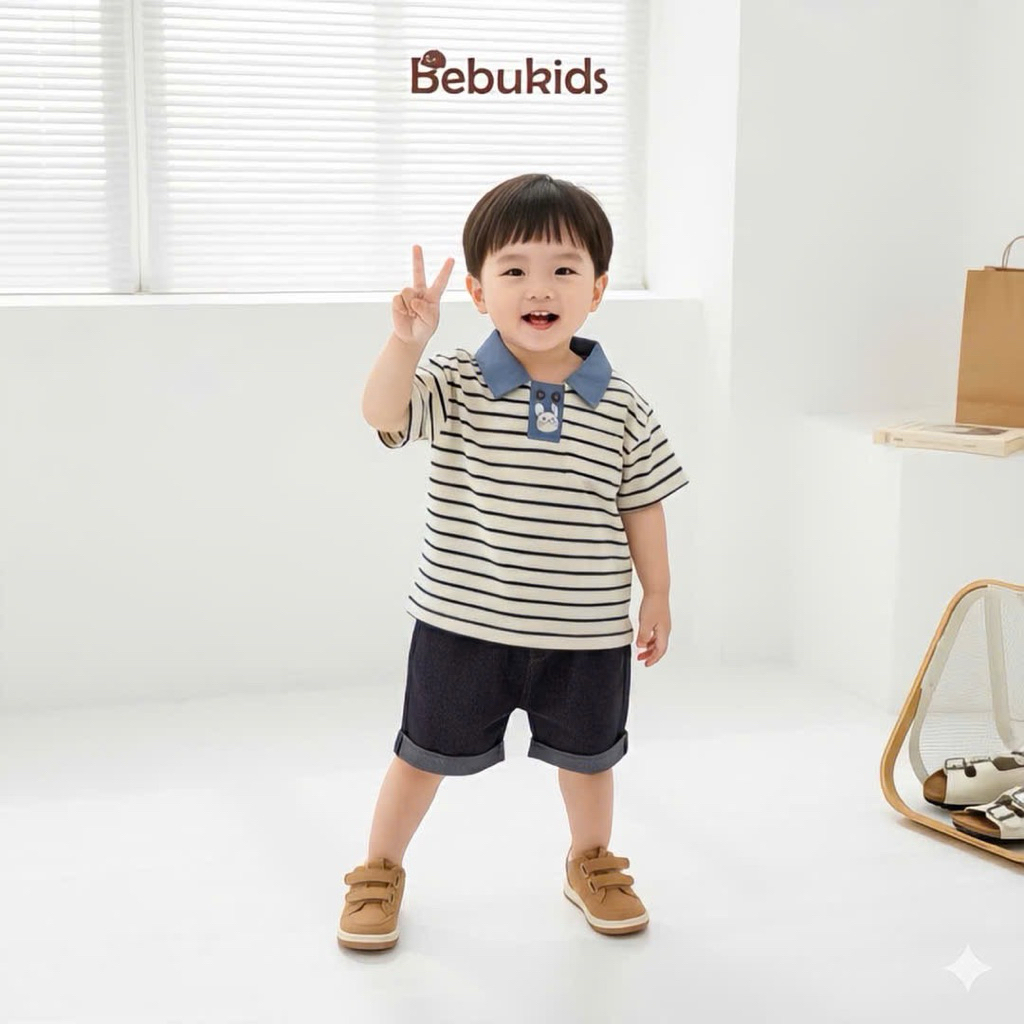 Set polo cộc tay cho bé trai Bebukids họa tiết ngộ nghĩnh, thiết kế đính 2 cúc lạ mắt 8-23kg