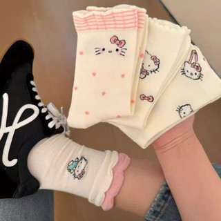 Set 5 Đôi Tất/ Vớ Hoạ Tiết Mèo Hello Kitty Hồng Cổ Cao Phong Cách Hàn Co Giãn Dễ Thương