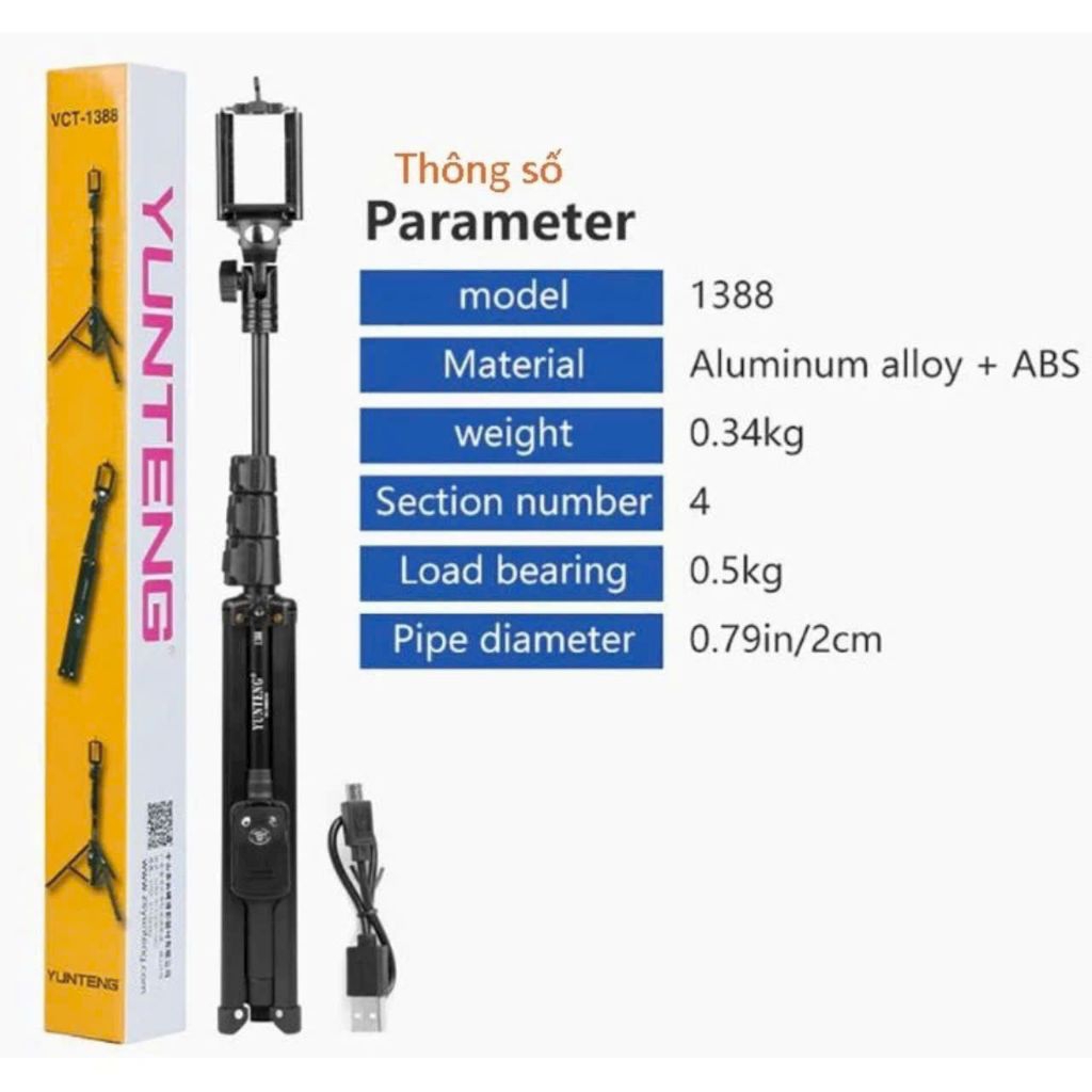 Gậy chụp ảnh selfie kiêm tripod Yunteng VCT-1388 cho smartphone máy ảnh.