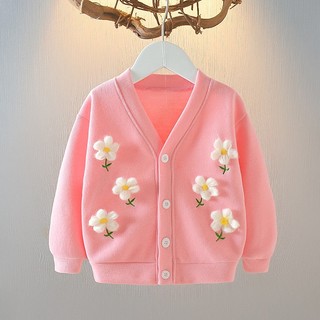 Áo khoác cardigan len dệt kim bé gái đính hoa trắng D1206
