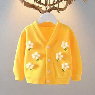 Áo khoác cardigan len dệt kim bé gái đính hoa trắng D1206