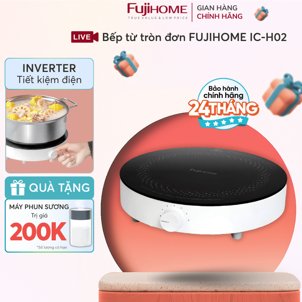 Bếp từ đơn inverter FUJIHOME 2200W Nhập Khẩu chống nước, bếp điện từ di động mini trắng nhỏ tròn tiết kiệm điện