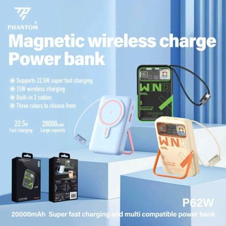 [CÓ 3C] Sạc Dự Phòng không dây PHANTOM P62W 20000mAh Magnetic 15W, cáp TypeC to LaiNing 22.5W, Có giá đỡ, quạt tản nhiệt
