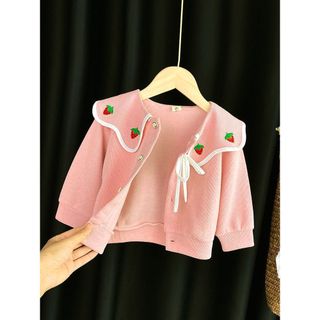 Áo khoác bé gái cổ bèo thêu quả dâu len dệt kim phù hợp mùa thu đông D1207