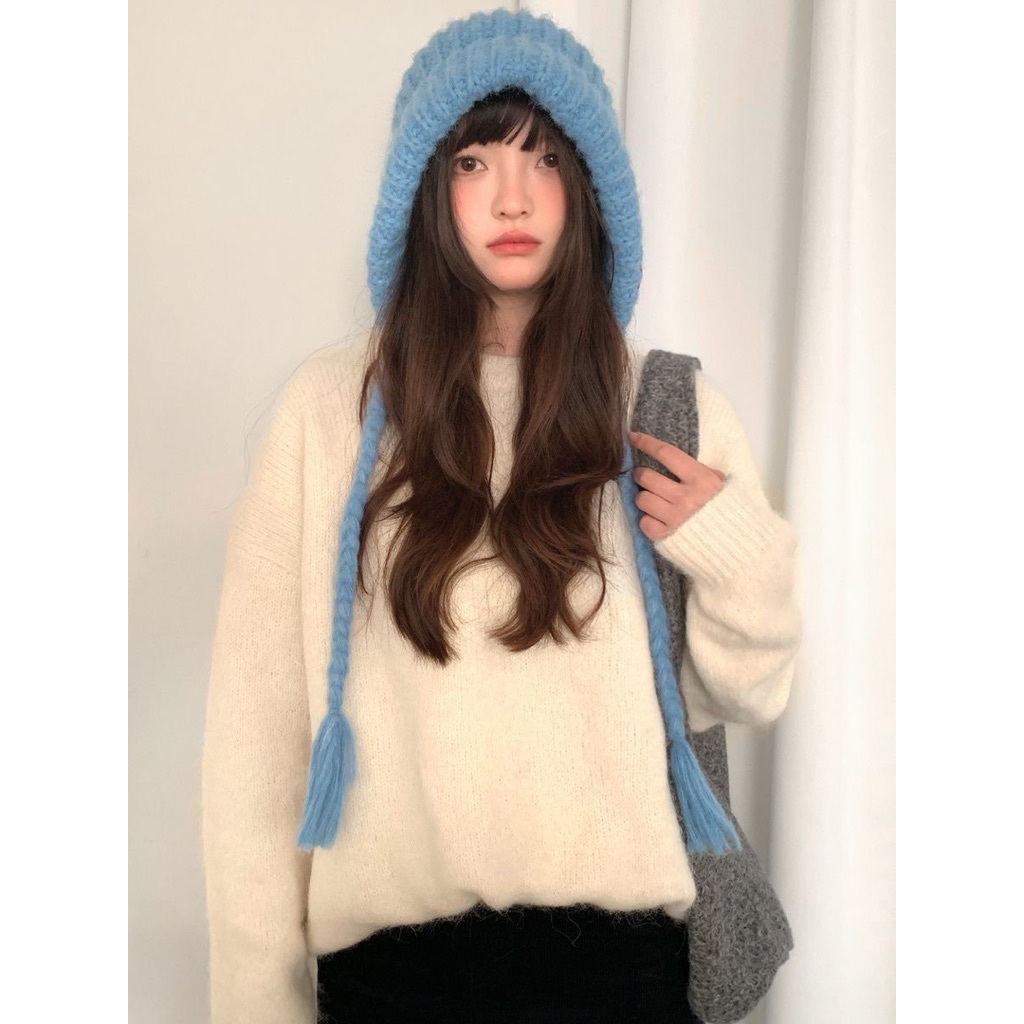 🧶 Mũ Len Dây Buộc Hàn Quốc – 4 Màu Xinh Dễ Phối (Xanh Dương / Đỏ / Đen / Be)