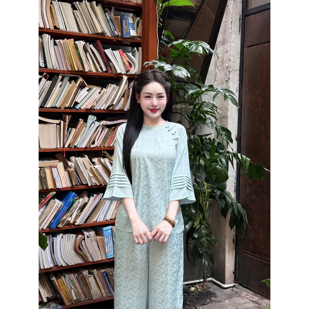 Pháp phục đi chùa cổ tròn đính khuy tết họa tiết tằm lông công Đồ lam đi lễ cách tân tay lỡ xếp ly mềm mát Sang trọng