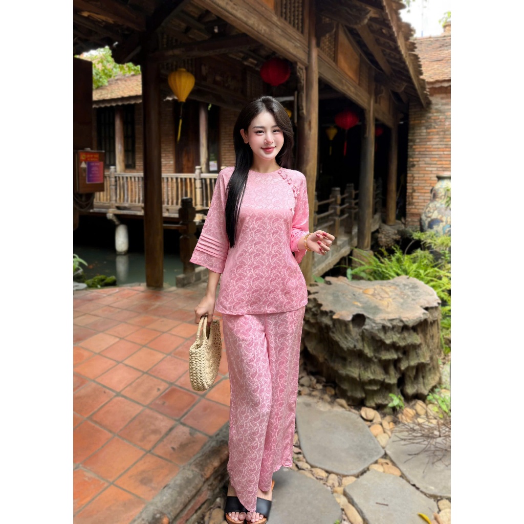Pháp phục đi chùa cổ tròn đính khuy tết họa tiết tằm lông công Đồ lam đi lễ cách tân tay lỡ xếp ly mềm mát Sang trọng